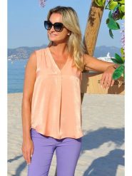 Bleu d'Azur Top "Juliana" w kolorze pomarańczowym rozmiar: 36. Pomarańczowe topy Bleu d'Azur, w ażurowe wzory, bez kołnierzyka, bez ramiączek. Za 83.62 zł.