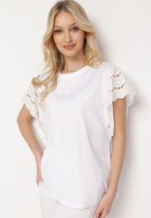 Biała Bawełniana Bluzka z Ozdobnymi Rękawami Narfia. Białe bluzki Born2be, xl, bez wzorów, z bawełny, bez kołnierzyka, bez ramiączek. W wyprzedaży za 59.99 zł.
