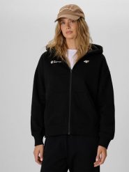 4F Bluza dresowa relaxed z kapturem damska - czarna XL. Czarne bluzy 4f, xl, bez wzorów, z dresówki, z kapturem. Za 199.99 zł.