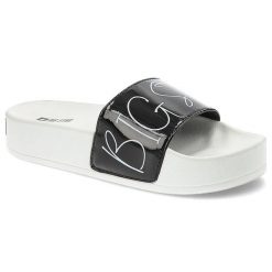 Klapki damskie Big Star, szeroki pasek z dekoracyjnym nadrukiem wsuwany fason bez zapięć lekka profilowana podeszwa, biały/czarny, JJ274A276. Białe klapki Big Star, bez wzorów, bez obcasa, na platformie. Za 89.00 zł.