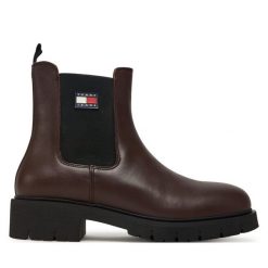 Sztyblety Tommy Jeans. Brązowe botki Tommy Jeans, bez wzorów, z jeansu, bez obcasa, na płaskiej podeszwie, bez zapięcia. Za 699.99 zł.