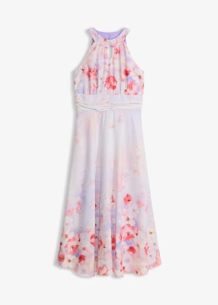 Sukienka midi z drapowaniem. Fioletowe sukienki bonprix, bez wzorów, bez kołnierzyka, bez ramiączek, midi. Za 129.99 zł.