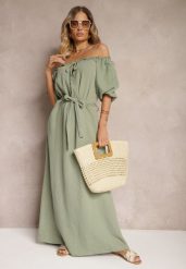 Ciemnozielona Bawełniana Sukienka z Muślinu Wiązana przy Dekolcie z Paskiem i Gumką w Talii Tasda. Zielone sukienki Renee, na co dzień, bez wzorów, z bawełny, bez kołnierzyka, bez ramiączek, maxi, proste. Za 159.99 zł.