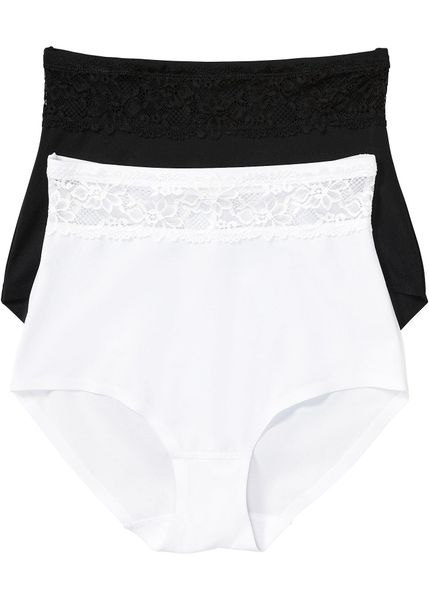 Figi panty shape, lekki stopień modelowania sylwetki (2 pary). Czarne figi bonprix, z aplikacjami, z koronki. Za 92.99 zł.