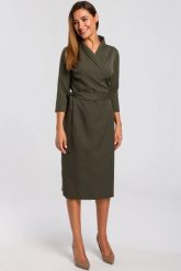 Elegancka sukienka kopertowa z paskiem zielona. Zielone sukienki Stylove, do pracy, l, bez wzorów, z elastanu, biznesowe, bez kołnierzyka, bez ramiączek, midi, dopasowane. Za 275.00 zł.