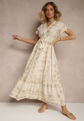 Beżowa Rozkloszowana Sukienka Boho z Bawełny z Chwostami Haftami i Metaliczną Nicią Divirna. Brązowe sukienki Renee, na imprezę, na lato, l, z aplikacjami, z bawełny, boho, bez kołnierzyka, bez ramiączek, maxi, rozkloszowane. Za 169.99 zł.