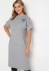 Szara Sukienka z Wiskozą Bawełną i Odpinanym Kwiatem 3D Zeiada. Szare sukienki Born2be, l, bez wzorów, z bawełny, bez kołnierzyka, bez ramiączek, midi. Za 109.99 zł.