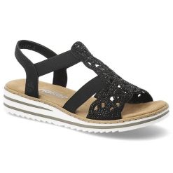 Sandały damskie Rieker, cholewka ze skóry ekologicznej z ażurowym wzorem elastyczne paski płaska podeszwa, czarne, V0646-00. Czarne sandały Rieker, w ażurowe wzory, ze skóry ekologicznej, eleganckie, bez obcasa, na płaskiej podeszwie, bez zapięcia. Za 319.00 zł.
