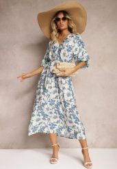 Niebiesko-Biała Wiskozowa Sukienka Wiązana w Talii z Ozdobnymi Rękawami Nanea. Niebieskie sukienki Renee, na co dzień, l, bez wzorów, z wiskozy, eleganckie, bez kołnierzyka, bez ramiączek, maxi, rozkloszowane. Za 109.99 zł.