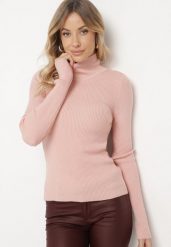 Jasnoróżowy Prążkowany Golf z Wiskozą o Dopasowanym Kroju z Odkrytymi Plecami z Wiązaniem Elattia. Czerwone golfy Born2be, m, bez wzorów, z jeansu, bez ramiączek. Za 59.99 zł.