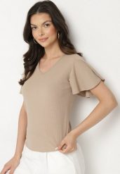 Ciemnobeżowa Bluzka z Szerokimi Rękawami Sunevia. Brązowe bluzki Born2be, m, bez wzorów, z jeansu, eleganckie, bez kołnierzyka, bez ramiączek. Za 29.99 zł.