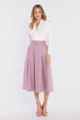 Rozkloszowana spódnica z wysokim stanem różowa. Czerwone spódnice Stylove, l, bez wzorów, z poliesteru, eleganckie, midi, rozkloszowane. Za 289.00 zł.