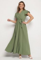 Ciemnozielona Elegancka Sukienka Maxi w Plisy z Kopertowym Dekoltem i Wiązaniem Thessi. Zielone sukienki Born2be, na lato, m, bez wzorów, eleganckie, bez kołnierzyka, bez ramiączek, maxi, kopertowe. Za 74.99 zł.