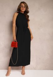 Czarna Sukienka z Dekoltem Typu Halter z Materiałowym Paskiem w Talii i Aplikacjami 3D Dimnnia. Czarne sukienki Renee, na co dzień, l, z aplikacjami, z materiału, eleganckie, bez kołnierzyka, bez ramiączek, maxi, proste. Za 149.99 zł.