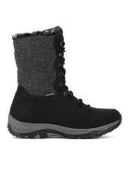 Rieker Botki M9643-01 Czarny. Czarne botki Rieker, bez wzorów, z materiału, bez obcasa, na płaskiej podeszwie, bez zapięcia. Za 299.99 zł.