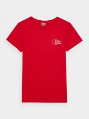 4F T-shirt slim z nadrukiem damski - czerwony M. Czerwone t-shirty 4f, m, bez wzorów, z bawełny, bez kołnierzyka, bez ramiączek. W wyprzedaży za 19.99 zł.