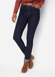 Jegginsy high-waist ze stretchem i szerokim wygodnym paskiem. Niebieskie jeansy bonprix, bez wzorów, z podwyższonym stanem. Za 99.99 zł.