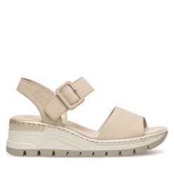 Sandały Rieker. Brązowe sandały Rieker, bez wzorów, bez obcasa, na koturnie, bez zapięcia. Za 289.99 zł.