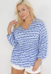 Niebieska Bluzka z Rozkloszowanym Dołem i Gumkami w Pasie Weeky. Niebieskie bluzki Born2be, l, bez wzorów, bez kołnierzyka, bez ramiączek. W wyprzedaży za 71.99 zł.