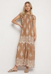 Ciemnobeżowa Wiskozowa Sukienka z Marszczoną Góra i Wzorem Boho Ellifae. Brązowe sukienki Born2be, na spotkanie biznesowe, l, z aplikacjami, z wiskozy, boho, bez kołnierzyka, bez ramiączek, maxi. Za 54.99 zł.