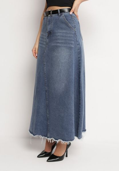 Niebieska Bawełniana Spódnica Jeansowa Trapezowa ze Strzępieniami i Paskiem Loraithen. Niebieskie spódnice Born2be, m, bez wzorów, z bawełny, maxi, trapezowe. Za 99.99 zł.