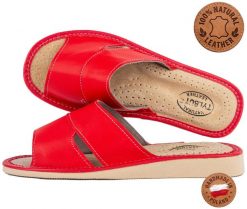 Kapcie kempingowe damskie Tylbut TYL0113 ze skóry naturalnej domowe. Czerwone obuwie domowe OEM, bez wzorów, z materiału, bez zapięcia. Za 64.00 zł.