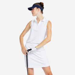 Koszulka polo do golfa damska bez rękawów Inesis MW500. Białe koszulki polo INESIS, m, bez wzorów, z bawełny, bez kołnierzyka, bez ramiączek. Za 79.99 zł.