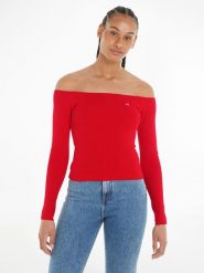TOMMY JEANS Sweter w kolorze czerwonym rozmiar: L. Czerwone swetry Tommy Jeans, l, bez wzorów, z jeansu, bez ramiączek. Za 101.23 zł.