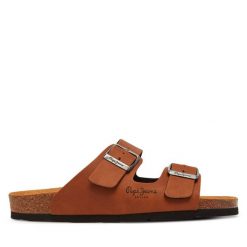 Klapki Pepe Jeans. Brązowe klapki Pepe Jeans, bez wzorów, z jeansu, bez obcasa. Za 179.99 zł.
