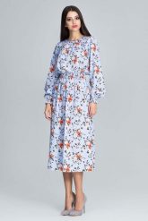 Stylowa Sukienka w Barwny Deseń z Bufiastym Rękawem - Wzór 76. Niebieskie sukienki Figl, na lato, m, bez wzorów, z elastanu, eleganckie, bez kołnierzyka, bez ramiączek. Za 299.00 zł.