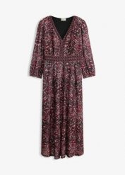 Sukienka z dżerseju z dekoltem w serek. Czarne sukienki bonprix, bez wzorów, z dżerseju, bez kołnierzyka, bez ramiączek, midi. Za 179.99 zł.