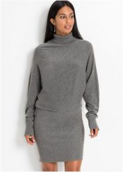 Sukienka dzianinowa. Szare sukienki bonprix, bez wzorów, z dzianiny, eleganckie, bez kołnierzyka, bez ramiączek. Za 137.99 zł.