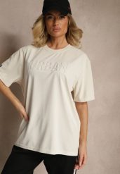 Jasnobeżowa Bawełniana Koszulka T-shirt z Tłoczonym Napisem Lunorina. Brązowe bluzki Renee, l, z aplikacjami, z bawełny, bez kołnierzyka, bez ramiączek. Za 44.99 zł.