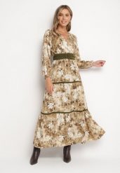 Beżowa Kopertowa Rozkloszowana Sukienka Ozdobiona Paskiem i Falbanami Fezisia. Brązowe sukienki Born2be, l, bez wzorów, eleganckie, bez kołnierzyka, bez ramiączek, maxi, kopertowe. Za 119.99 zł.