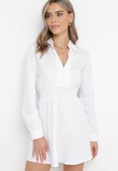 Biała Bawełniana Mini Sukienka z Gumką w Talii o Rozkloszowanym Fasonie z Kołnierzykiem Nevisse. Białe sukienki Born2be, l, bez wzorów, z bawełny, bez kołnierzyka, bez ramiączek, mini, rozkloszowane. Za 34.99 zł.