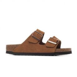 Klapki damskie Birkenstock Arizona Leve Mink. Brązowe klapki Birkenstock, bez wzorów, z materiału, bez obcasa. Za 484.00 zł.