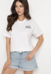 Biało-Różowy Bawełniany T-shirt z Napisami Hallena. Białe t-shirty Born2be, l, bez wzorów, z bawełny, bez kołnierzyka, bez ramiączek. W wyprzedaży za 50.99 zł.