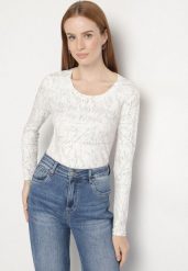 Biała Bluzka Typu Longsleeve z Geometrycznym Wzorem Unila. Białe bluzki Born2be, l, bez wzorów, z jeansu, biznesowe, bez kołnierzyka, bez ramiączek. Za 49.99 zł.