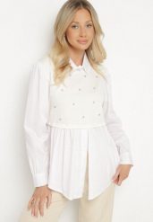 Jasnobeżowa Rozkloszowana Bluzka Koszulowa z Wiskozą z Wszytą Kamizelką z Cyrkoniami Uliaviela. Brązowe bluzki Born2be, bez wzorów, z jeansu, eleganckie, bez kołnierzyka, bez ramiączek. W wyprzedaży za 84.99 zł.