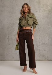 Ciemnobrązowe Szerokie Jeansy High Waist z Bawełny Physossia. Brązowe jeansy Renee, l, bez wzorów, z podwyższonym stanem. Za 129.99 zł.