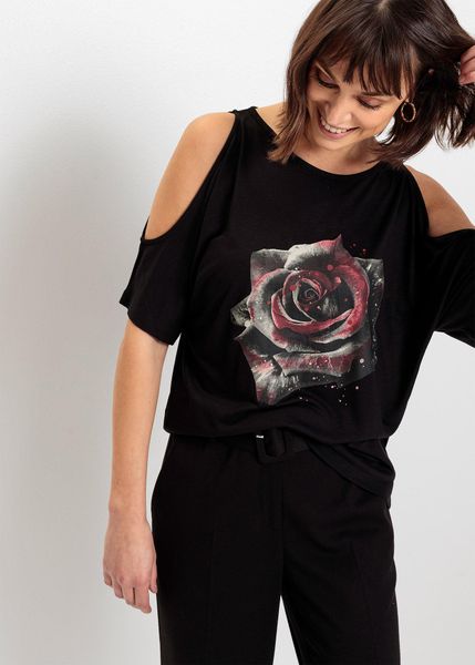 Bluzka z wiskozy z odkrytymi ramionami. Czarne bluzki bonprix, bez wzorów, z wiskozy, bez kołnierzyka, bez ramiączek. Za 62.99 zł.