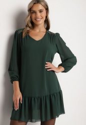 Ciemnozielona Sukienka z Wiskozą o Prostym Kroju z Bufiastymi Rękawami i Falbanką u Dołu Ilila. Zielone sukienki Born2be, na co dzień, l, bez wzorów, z jeansu, eleganckie, bez kołnierzyka, bez ramiączek, proste. Za 44.99 zł.