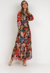 Czerwono-Czarna Sukienka Z Paskiem Diomia. Czerwone sukienki Born2be, m, z aplikacjami, bez kołnierzyka, bez ramiączek, maxi, kopertowe. Za 139.99 zł.