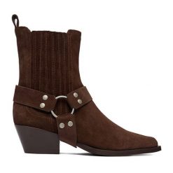 Kowbojki Badura. Brązowe botki Badura, bez wzorów, bez obcasa, na słupku, bez zapięcia. Za 459.99 zł.