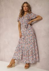 Niebiesko-Pomarańczowa Sukienka z Wiskozy Teofeneus. Niebieskie sukienki Renee, m, bez wzorów, z wiskozy, bez kołnierzyka, bez ramiączek, maxi, kopertowe. Za 69.99 zł.