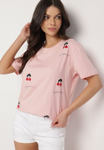 Różowy Bawełniany T-shirt Zdobiony Haftem z Motywem w Wiśnie Nevianira. Czerwone t-shirty Born2be, m, z aplikacjami, z bawełny, bez kołnierzyka, bez ramiączek. Za 29.99 zł.