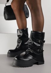 Czarne Botki Biker Vices z Wywiniętą Cholewką Platformą i Klamrami Reinila. Czarne botki Renee, bez wzorów, z jeansu, bez obcasa, na platformie, bez zapięcia. Za 179.99 zł.