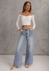 Niebieskie Szerokie Jeansy z Bawełną High Waist z Paskiem Typu Sznurek Caninna. Niebieskie jeansy Renee, l, bez wzorów, z podwyższonym stanem. Za 119.99 zł.