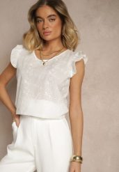 Biała Ażurowa Bluzka z Bawełny Ozdobiona Falbankami Ridilane. Białe bluzki Renee, l, w ażurowe wzory, z bawełny, eleganckie, bez kołnierzyka, bez ramiączek. W wyprzedaży za 34.99 zł.
