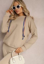 Beżowa Bawełniana Bluza z Sznurkami i Kapturem Tyche. Brązowe bluzy Renee, bez wzorów, z bawełny, z kapturem. Za 79.99 zł.